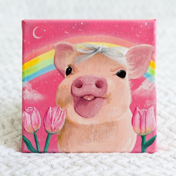 Original Hand Painted Painting | Cute Pig With 3D Bow | Pink Rainbow Tulip Piglet Art | Acrylic Painting | Wall Art | Cute Pink Pig Art