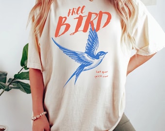 Camicia per uccelli gratuita, T-shirt dai colori confortevoli, Camicia per band della vecchia scuola, T-shirt Rock Band, Abbigliamento musicale retrò, T-shirt alla moda da donna, Regalo per lei