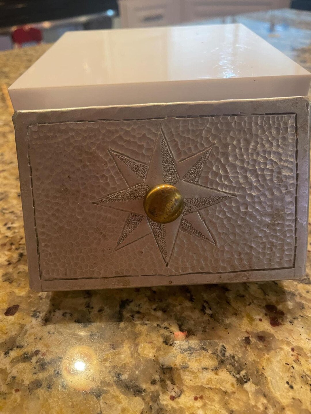 Vintage Metal Box Starburst Pattern Seperate Lid Wood Sides Jewelry ...