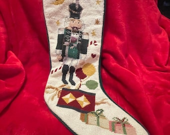 Vintage Nutcracker Needlepoint Christmas Stocking Velvet Back Green Cream Large