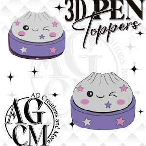 May include: A cartoon illustration of 3D pen toppers. The toppers are designed as a smiling dumpling with pink cheeks and star accents. The base is purple with white stars. The text "3D PEN Toppers" is displayed.