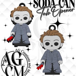 May include: Two soda can tab openers featuring a cartoon character with brown hair, a pale face, and a grey jumpsuit, holding a red-stained knife. The text SODA CAN Tab Opener is displayed at the top, with a circular AG Creations and More logo below.