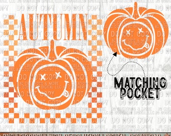 May include: A digital download of two orange pumpkin designs with a smiley face and the text "Autumn" and "Matching Pocket". The pumpkins are on a white and orange checkered background.