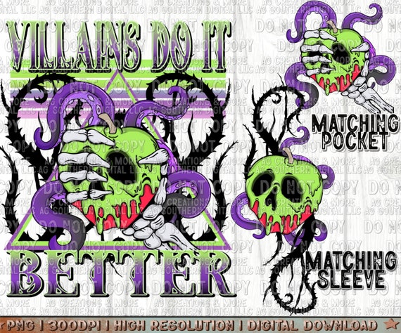 Trendy Design Png, Villans do it Better matching pocket sleeve design png, Sublimation Png, Green Apple Png, Skull Png, Trendy purple png