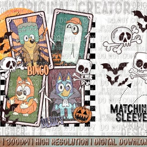 May include: A digital download of Halloween-themed printable images featuring cartoon characters, including a blue dog, a ghost, and a dog wearing a hat. The images are set against a background of a checkered pattern and a wooden surface. The text "Bingo" and "Bluey" are visible on the images. The text "Matching Sleeve" is also visible on the image.