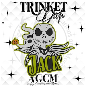 May include: A graphic design featuring a stylized character with a large round head, a bowtie, and a ghost dog holding a small orange pumpkin. The text reads TRINKET DISH, JACK, and AGCM A.G. Creations and More, set against a white background with black stars.