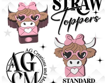 May include: A collection of straw toppers featuring a brown cow design with a pink bow, heart-shaped sunglasses, and a pink envelope. The text "STRAW Toppers" and "STANDARD STANLEY" are also visible.