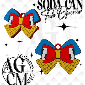 Puede incluir: Dos abridores de latas con forma de lazo en colores azul, rojo y amarillo con un patrón de cuadrícula en las secciones inferiores. El texto SODA CAN Tab Opener aparece arriba y el logo AG Creations and More está en la parte inferior.