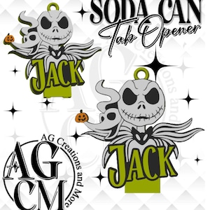 May include: Two soda can tab openers featuring a gray Jack Skellington character with a small orange pumpkin and the name JACK in green letters. The text SODA CAN Tab Opener is displayed at the top, and an AG Creations and More logo is visible.