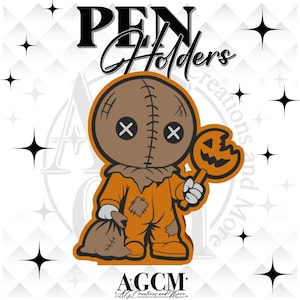 May include: A decorative pen holder featuring a cartoon character with a burlap sack head, stitched details, and button eyes. The character wears an orange jumpsuit with patches, holds a bitten pumpkin lollipop, and carries a brown sack. Text reads PEN Holders.