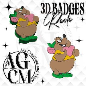May include: A cartoon mouse holding a pink heart, wearing a yellow shirt, green shoes, and a green hat. The image includes the text "3D BADGES Reels" and a logo with the text "AG Creations and More". Black star shapes are scattered around the image.