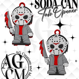 May include: Two soda can tab openers featuring a cartoon character wearing a grey hockey mask with red accents, a grey jacket, and a red shirt, holding a grey knife with red blood drips. The text SODA CAN Tab Opener is printed in black.