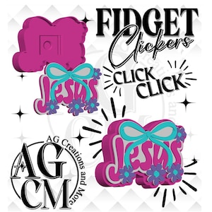 Könnte beinhalten: Zwei pinke und lila Fidget-Clicker mit dem Wort Jesus in einer stilisierten Schriftart, verziert mit einer hellblauen Schleife und kleinen lila Blumen. Der Text FIDGET Clickers CLICK CLICK und das Logo AG Creations and More sind sichtbar.
