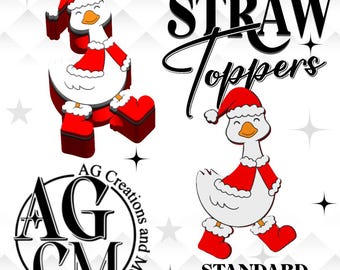 May include: A whimsical design featuring two cartoon geese dressed in Santa Claus outfits. The geese are white with red hats, coats, and boots. The text "STRAW Toppers" and "STANDARD STANLEY" are also included.