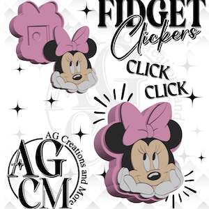 Könnte beinhalten: Grafikdesign mit Minnie Maus mit rosa Schleife und rosa Zappelspielzeug. Die Wörter "FIDGET Clickers" und "CLICK CLICK" werden in schwarzem Text angezeigt. Das Design enthält ein Logo mit der Aufschrift "AG Creations and More".
