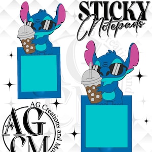 May include: Two blue sticky notepads featuring a cartoon character with large pink ears and black sunglasses holding a brown iced coffee drink. The character sits above a square turquoise note area. The text STICKY Notepads and AG Creations and More appears.