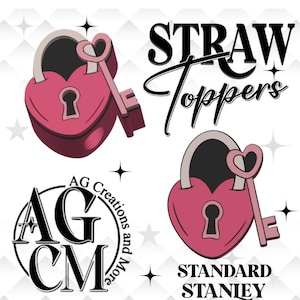 May include: Pink heart-shaped lock and key design with the text "STRAW Toppers" and "STANDARD STANLEY". The image also includes the logo "AG Creations and More". The design is on a white background with star accents.