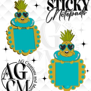 May include: Two pineapple-shaped sticky notepads with heart-shaped sunglasses and a turquoise notepad area. The notepads have a gold scalloped border and are set against a white background with black star accents. The text "STICKY Notepads" is at the top.