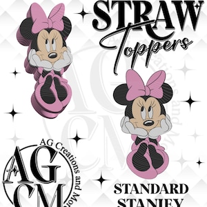 Puede incluir: Toppers de paja de Minnie Mouse rosas con detalles negros. La imagen incluye el texto "STRAW Toppers" y "STANDARD STANLEY". También está presente el logotipo de "AG Creations and More".
