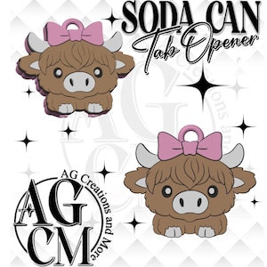 May include: Two brown Highland cow soda can tab openers with pink bows. The text "SODA CAN Tab Opener" is above the cow images. The logo "AG CM Creations and More" is also in the image.