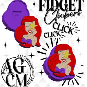Könnte beinhalten: Grafikdesign mit dem Text "FIDGET Clickers" und "CLICK" mit Sternen. Das Design beinhaltet einen Cartoon einer Meerjungfrau mit roten Haaren und einem gelben Stern. Eine lila Wolkenform ist ebenfalls vorhanden.