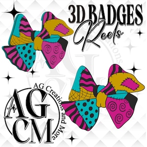 Könnte beinhalten: Zwei dekorative Schleifen mit einem Patchwork-Design in leuchtenden Farben wie Türkis, Magenta, Gelb und Schwarz. Die Muster umfassen Punkte, Spiralen und Wellenlinien. Der Text 3D BADGES Reels und AG Creations and More ist zu sehen.
