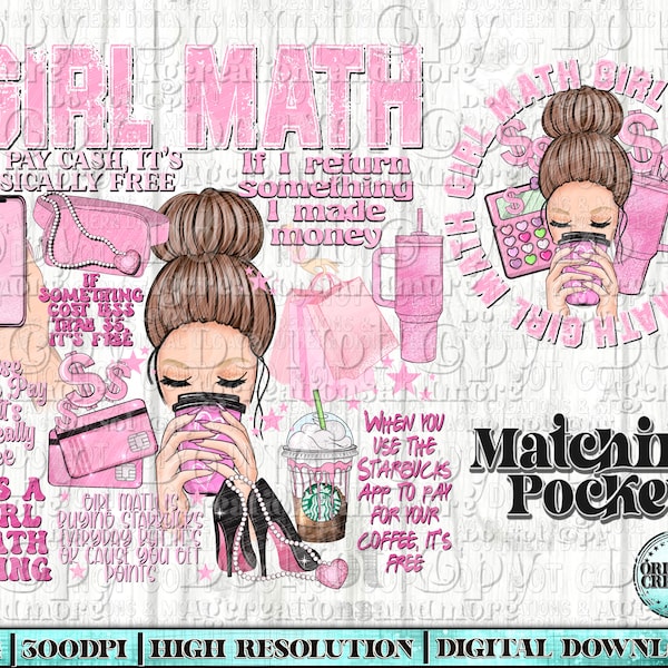 Trendy Design Png, Girl Math Brunette Pocket Set, Sublimation Png, Fashion Design Png, Girl Math Png, Trendy Design png, Womens Fashion png