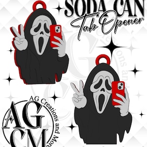May include: Two soda can tab openers featuring a ghost-like figure in a black hooded robe and white mask, holding a red smartphone and making a peace sign. The text SODA CAN Tab Opener is displayed at the top with black star accents throughout.