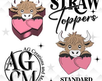 May include: A design featuring a cartoon Highland cow holding a pink heart, with the words "STRAW Toppers" in a script font. The image also includes the text "STANDARD STANLEY" and a logo with the letters "AG CM".
