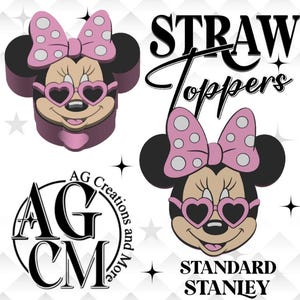 Puede incluir: Toppers de paja de Minnie Mouse rosa con gafas de sol en forma de corazón y lazo de lunares. La imagen incluye el texto "STRAW Toppers" y "STANDARD STANLEY". También se incluye el logotipo "AG Creations and More".