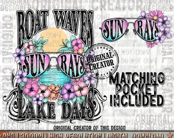 Trendy Design Png, Boat Waves, Sun Rays Lake Days Sublimation Png, Matching Pocket Design Png, Trendy png, Summer Fashion Png, Neon png