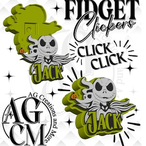 May include: Two 3D-printed olive green fidget clickers featuring a gray Jack Skellington character with a small orange pumpkin. The text reads FIDGET Clickers, CLICK CLICK, and JACK. A circular logo with the text AG Creations and More is present.