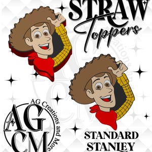 Puede incluir: Dos adornos para pajitas con forma de vaquero, con sombrero marrón, camisa de cuadros amarilla y pañuelo rojo. El texto dice STRAW TOPPERS, STANDARD STANLEY y AG Creations and More, con estrellas negras sobre un fondo blanco.