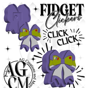 Könnte beinhalten: Drei lila schleifenförmige Fidget-Clicker in den Farben Limettengrün, Weiß und Lila mit roten und grünen kreisförmigen Akzenten. Der Text FIDGET Clickers und CLICK CLICK ist in Schwarz gehalten, neben dem Logo AG Creations and More.