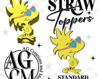 May include: Yellow cartoon character straw toppers wearing pink-framed heart-shaped sunglasses with blue lenses. The image includes the text "STRAW Toppers" and "STANDARD STANLEY". The logo for "AG Creations and More" is also present.