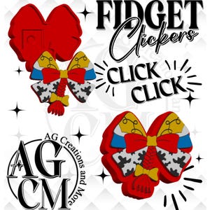 Peut inclure: Trois fidget clickers en forme de nœuds. L'un est rouge uni, tandis que deux présentent un motif rouge, jaune, bleu et imprimé vache noir et blanc avec une queue tressée. Le texte indique FIDGET Clickers, CLICK CLICK et AG Creations and More.