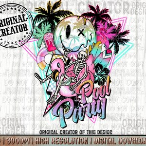 May include: A digital illustration of a skeleton riding a pink flamingo pool float. The skeleton is wearing a skull-shaped ice cream cone. The background is a vibrant mix of neon colors and tropical palm trees. The text "Pool Party" is written in a colorful, stylized font.