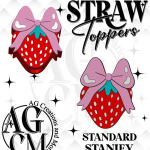 Op de afbeelding: Een grafisch ontwerp met twee aardbeivormige toppers met roze strikken en groene stelen. De tekst "STRAW Toppers" wordt weergegeven in een vetgedrukte, zwarte letter. De afbeelding bevat ook de tekst "STANDARD STANLEY" en een logo.