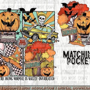 May include: A digital download of a Halloween themed graphic design featuring a pumpkin, a skeleton driving a taxi, a witch's hat, and a sign that says "Halloweentown". The graphic is in a cartoon style with bright colors and a whimsical feel.