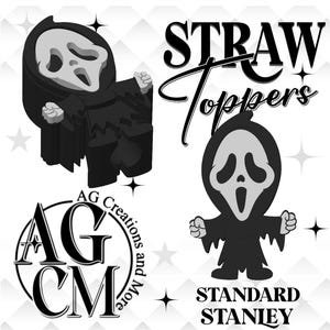 Puede incluir: Gráfico en blanco y negro con dos figuras de dibujos animados de Ghostface, una en 3D y otra plana. El texto "STRAW Toppers" está encima de la figura plana, y "STANDARD STANLEY" debajo. También está presente el logotipo "AG Creations and More".