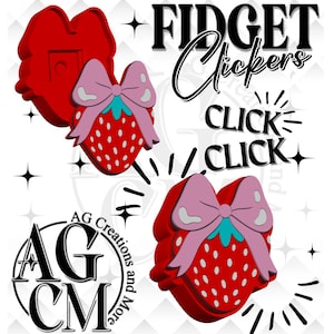 May include: Red strawberry-shaped fidget clickers with pink bows and white dots. The image includes the text "FIDGET Clickers" and "CLICK CLICK". The logo "AG Creations and More" is also visible.
