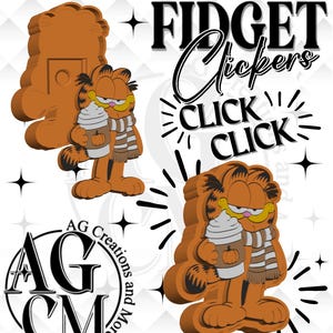 May include: Two orange Garfield-shaped fidget clickers featuring the character holding a pumpkin-themed coffee cup and wearing a striped scarf. The text reads FIDGET Clickers CLICK CLICK and AG Creations and More, accompanied by black star icons.