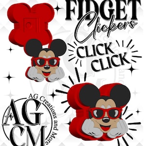 Könnte beinhalten: Ein roter, schwarzer und beigefarbener Fidget Clicker mit einer Cartoon-Mausfigur, die eine rote Sonnenbrille trägt. Das Design enthält den Text FIDGET Clickers und CLICK CLICK sowie ein kreisförmiges Logo mit den Buchstaben AG CM und dem Text AG Creations and More.