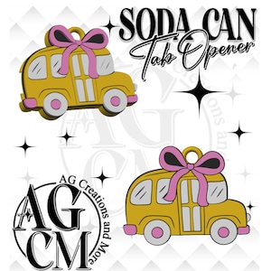 May include: Yellow school bus-shaped soda can tab opener with a pink bow. The opener has white and pink accents. The text "Soda Can Tab Opener" is above the opener.