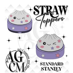 May include: A graphic featuring two cartoon straw toppers with a dumpling design. The toppers are gray with pink cheeks and star accents, set on a purple base. The text "STRAW Toppers" and "STANDARD STANLEY" are also included.