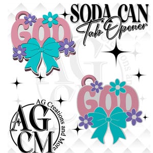 May include: Pink and teal soda can tab opener with the word "GOD" and a teal bow. The opener is decorated with purple and teal flowers. The words "SODA CAN Tab Opener" are written in black script.
