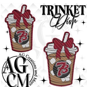 May include: A digital design featuring two coffee cup illustrations with a maroon bow, marshmallows, and a logo. The words "Trinket Dish" are above the cups, and the "AG CM Creations and More" logo is below.