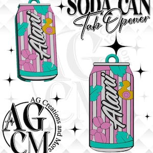 Può includere: Un apri-lattine per bibite con un design a righe rosa e bianche, con la scritta "Alani", un'anatra gialla e accenti di foglie e fiori tropicali. Il testo "Soda Can Tab Opener" è sopra la lattina.