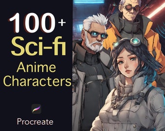 100+ Sci-Fi Anime Characters Procreate Stamps - Middle Aged, Young, Black and White Characters