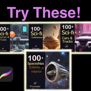 May include: Four digital art stamp sets for the Procreate app, featuring over 100 sci-fi themed illustrations. The sets include spaceships, cars and trucks, devices and tools, and civilizations.